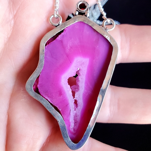 New Pink Agate Druzy & Garnet 925 Silver Necklace. - Picture 11 of 14